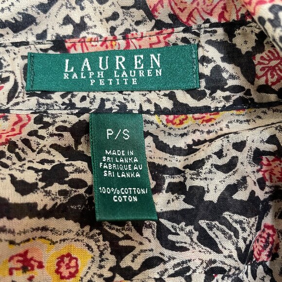 Lauren Ralph Lauren Button Up Ruffle Blouse Petite S Cotton Paisley 3/4‎ Sleeve - Picture 3 of 5